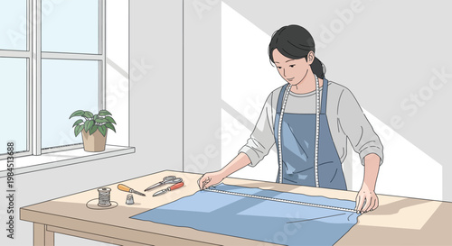 Woman carefully folding blue fabric on wooden table.