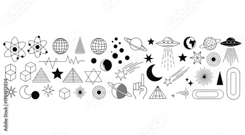 Set of space and science icons, including planets, stars, ufos, geometric shapes, and abstract symbols