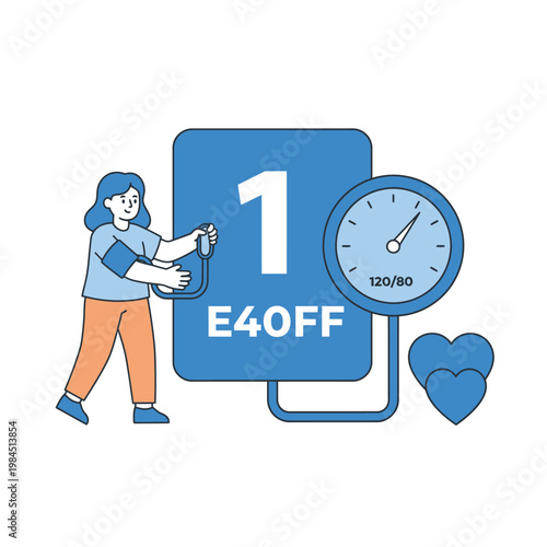 Woman checking blood pressure with discount offer.