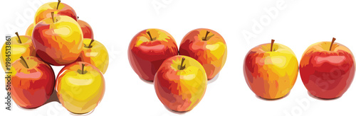 Red and yellow apples set with different group compositions fresh fruit vector illustration healthy food collection