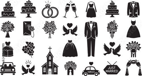 Wedding icons and symbols in black and white