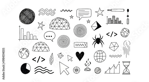 Hand drawn doodle set of various web design and business elements