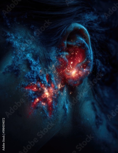 Close-up of a person's ear, glowing with cosmic, red and blue energy
