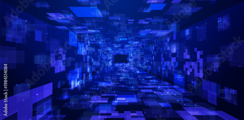 Tunnel with neon planes, data center corridor with blue light glowing blocks, abstract techno digital vector background