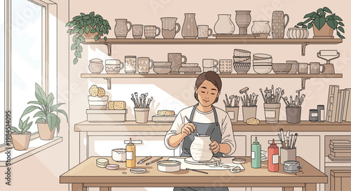 Woman artist focused on pottery creation at her workbench.