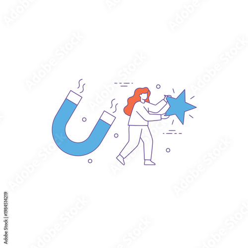 Woman Attracting Star with Magnet Concept Illustration.