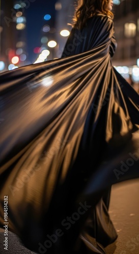 Woman in flowing dress at night.