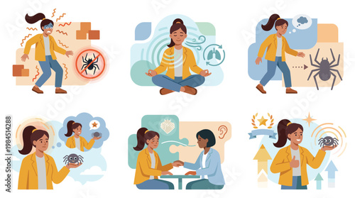 Mental health illustrations show coping with anxiety and stress