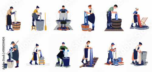 Artisanal Workers Dyeing Fabric and Yarn Using Traditional Indigo Methods in Vats and Buckets Vector Set Illustration