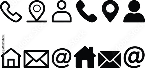 Contrast icons depicting communication, location, and email symbols in black and white