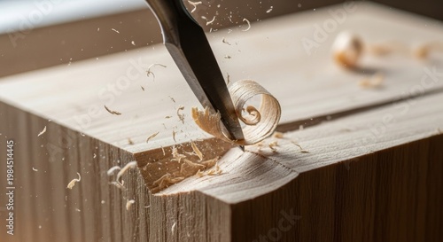 Woodworking Chisel Carving Wood Block.