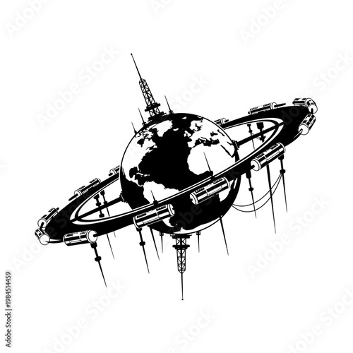 Monochrome Illustration of a Futuristic Space Station Orbiting a Planet.