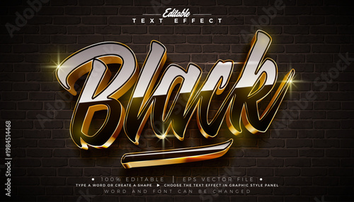 Black Editable Text Effect Design Vector Graphic Style with Gold Framed Typography Lettering on Vintage Brick Wall Background. Scalable Luxury Illustration Template for Greeting Card, Flyer, Banner, C