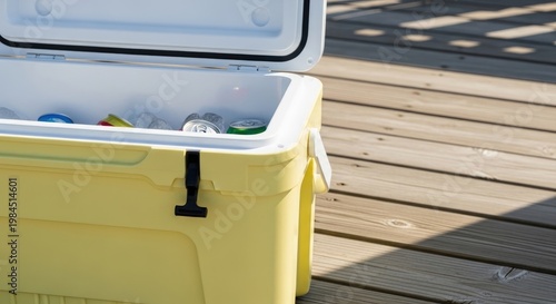 Yellow Cooler on Wooden Deck in Sunlight.