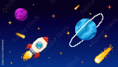Space with planets, meteorites, spaceship pixel art, interstellar cosmic exploration vector 8 bit video game background