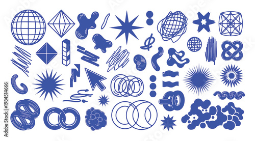 Set of y2k aesthetic vector elements, abstract geometric shapes, retro futuristic symbols, and doodle icons
