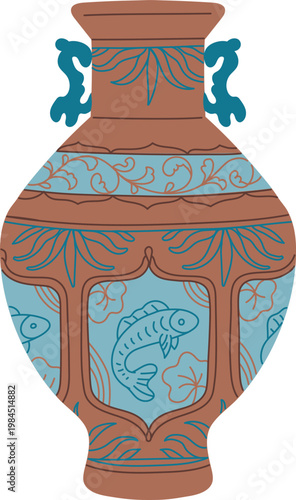 Traditional Asian vase, vector vintage oriental pottery with blue and brown floral ornaments and fish, porcelain amphora