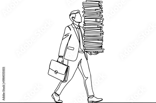 Continuous one line of a businessperson carrying stack of documents and folders, representing administration, workflow, and organization, style hand drawn vector illustration.