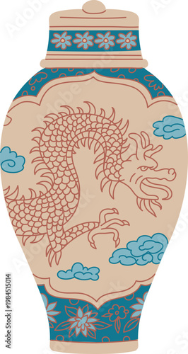 Elegant traditional Asian vase, urn with lid, vector vintage oriental pottery with dragon in the sky and floral ornament