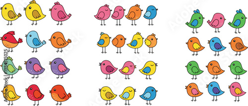 Set of Colorful Cartoon Bird Characters in Various Poses for Animal, Nature, and Fun Themes