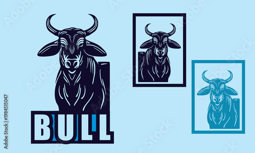 horned big bull logo, silhouette of wild great cattle vector illustrations