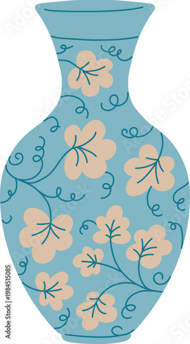 Elegant traditional Asian vase, vector vintage oriental pottery with blue floral ornaments and beige blossom flowers