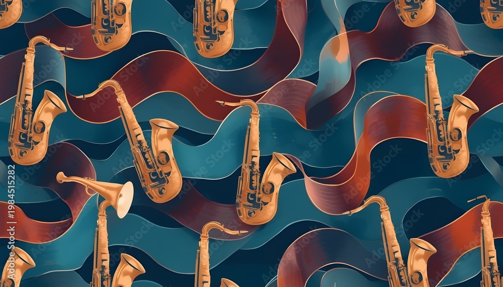 Fototapeta premium A vibrant illustration of saxophones on a wavy background of blue and red colors