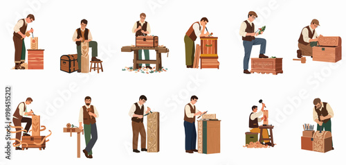 Collection of male woodcarvers and carpenters crafting ornate wooden chests and decorative panels in a flat vector illustration style.
