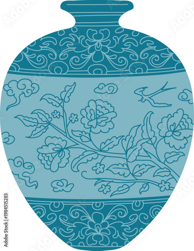 Elegant traditional Asian vase, vector vintage oriental pottery with blue floral ornament, blossom flowers branch, bird