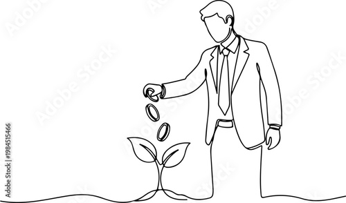Continuous one line of a businessman investing coins into growing plant icon, representing investment, sustainability, and long-term profit, style hand drawn vector illustration.
