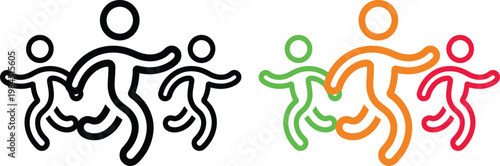 Illustration of interconnected stick figures in black and white and color-coded groups