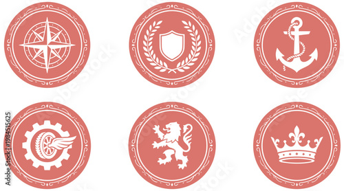 Six classical vector icons representing heraldic symbols, navigation, achievement, and industry perfect for branding