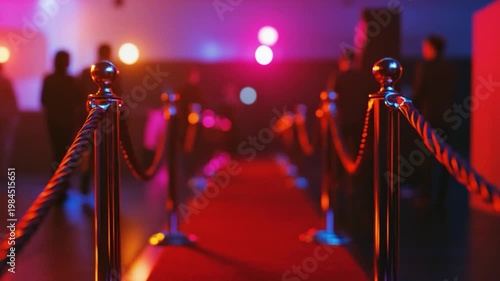 Red carpet entrance with stanchions, ropes, and blurred figures under vibrant, colorful lighting