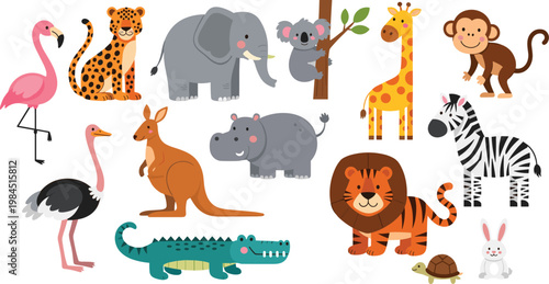 Cute cartoon zoo animals set including lion elephant giraffe zebra crocodile monkey flamingo kangaroo rabbit vector illustration collection for kids design