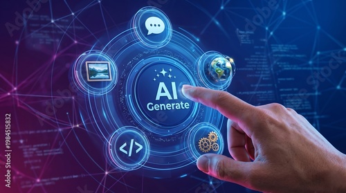 Generate with AI button. Artificial intelligence and Machine learning technology concept. AI enters by command prompt to generate ideas. Hand about to press a Generate AI button. Vector  ai