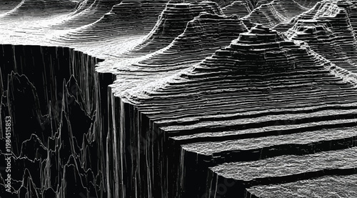 Abstract 3d landscape with layered topographical mountain terrain and deep canyon cliff