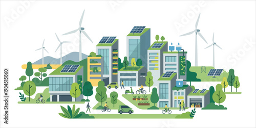 Flat vector illustration of a modern sustainable eco city featuring renewable energy wind turbines, solar panels on green buildings, and eco friendly transportation.