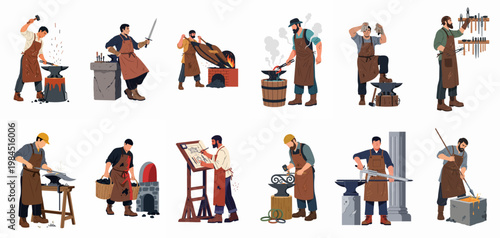 Flat illustration set of blacksmith characters engaged in various traditional metalworking tasks like forging, quenching, and drafting designs in a forge.