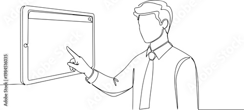 Continuous one line of a manager pointing to digital calendar schedule, representing planning, deadlines, and time management, style hand drawing vector illustration.