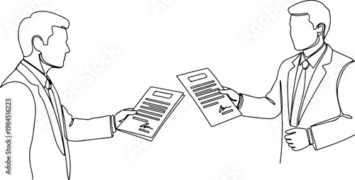 Continuous one line of a two executives exchanging signed contract documents, representing deals, agreements, and legal business transactions, style hand drawn vector illustration.