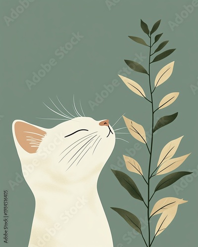 Minimalist illustration of a white cat with closed eyes beside a leafy branch, soft muted green tones, modern flat design feline artwork with botanical elements on simple background