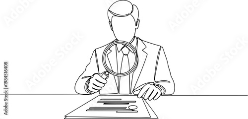 Continuous one line of a businessperson holding magnifying glass over document, representing auditing, inspection, and attention to detail, style hand drawn vector illustration.