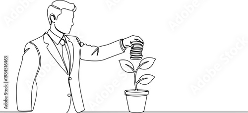Continuous one line of a businessman investing coins into growing plant icon, representing investment, sustainability, and long-term profit, style hand drawn vector illustration.