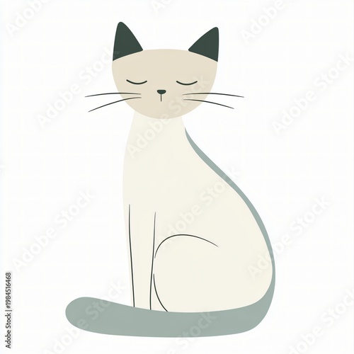 Minimalist illustration of a sitting cat with closed eyes, soft pastel tones, modern flat design feline artwork with clean lines on neutral background
