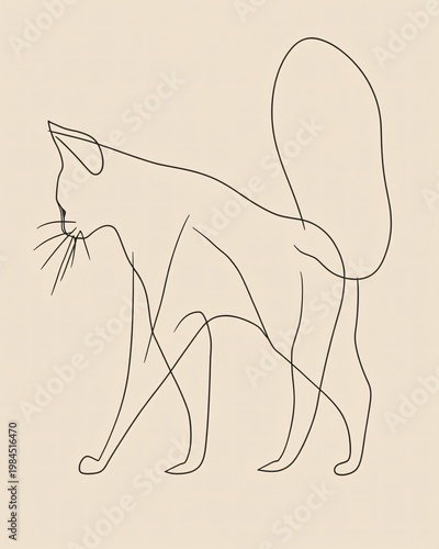 Minimalist continuous line drawing of a walking cat, elegant one-line feline illustration, abstract modern pet artwork on warm neutral background