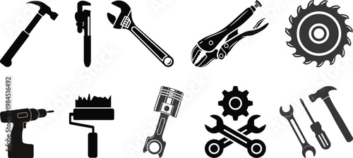 Project Development icon editable vector pack. Black flat and line symbols.Settings and gear flat icon collection with configuration controls system optimization interface elements for applications 