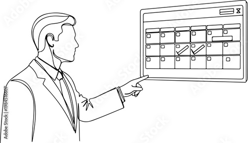 Continuous one line of a manager pointing to digital calendar schedule, representing planning, deadlines, and time management, style hand drawing vector illustration.