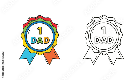 Father's Day Award Ribbon Vector Illustration - Number 1 Dad Medal in Colorful and Outline Style for Coloring Pages, Greeting Cards, Gifts, and Celebrations.