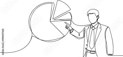 Continuous one line of a business executive pointing at pie chart presentation, representing reporting, analysis, and decision making, style hand drawing vector illustration.