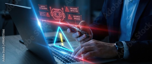 Ai security alert action office workspace digital content modern environment close-up viewpoint cybersecurity concept for enhanced protection and monitoring